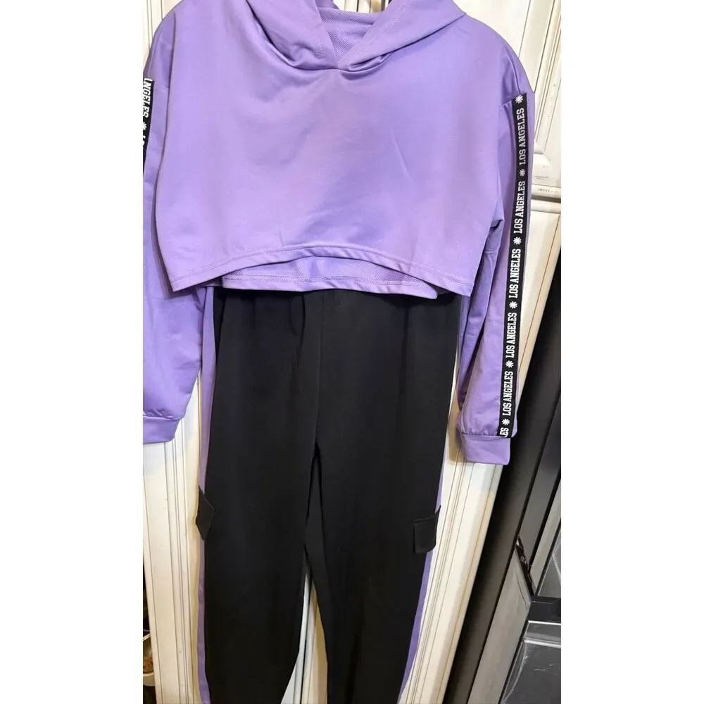 Los Angeles Youth Girls Crop Hoodie and Sweatpants Set Purple Black Size 13-14